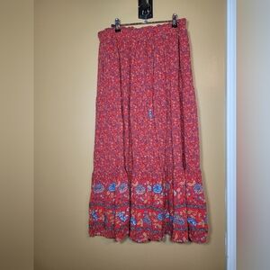 Zesica Boho Red and Blue Elastic Drawstring Waist Maxi Skirt sz XL